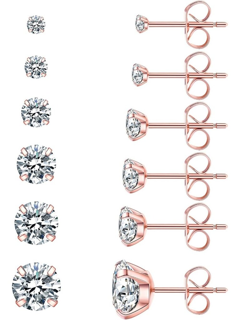 Women's 6 Pairs Rose Gold 3-8mm Hypoallergenic Stainless Steel Stud Earrings Set
